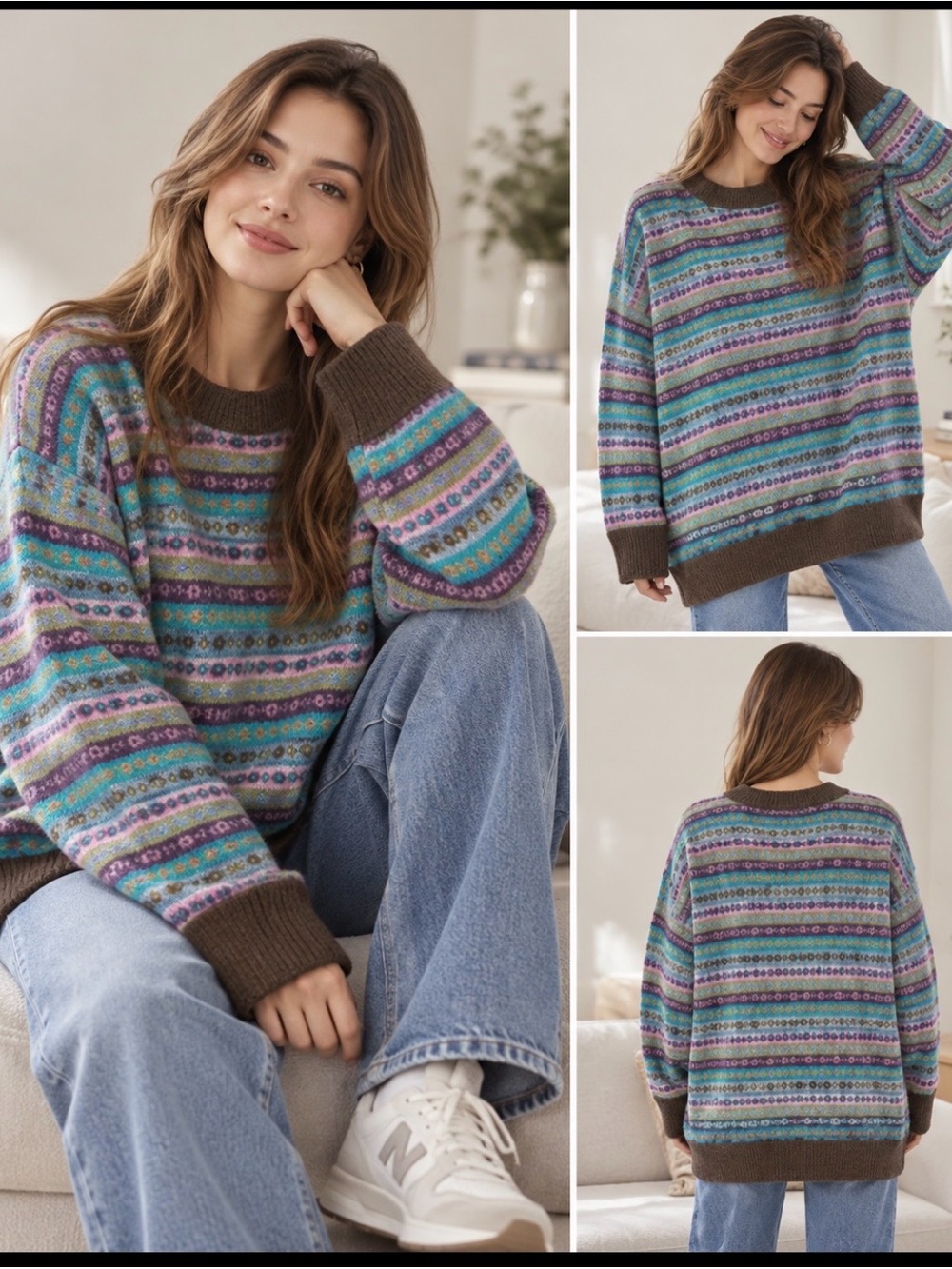 Cozy Multicolor Striped Crewneck Sweater - Brown Trim XL 170/92A